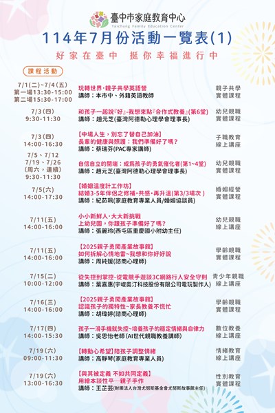 家庭教育中心7月份活動一覽表-課程活動