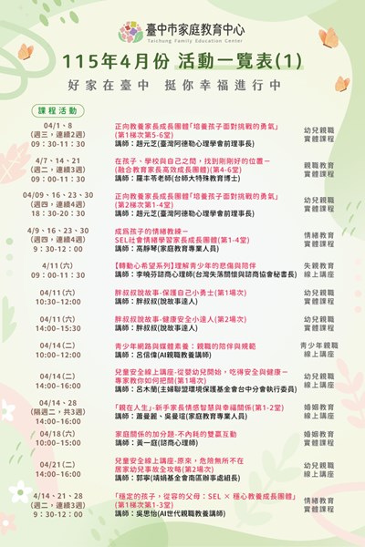 家庭教育中心4月份活動一覽表-課程活動