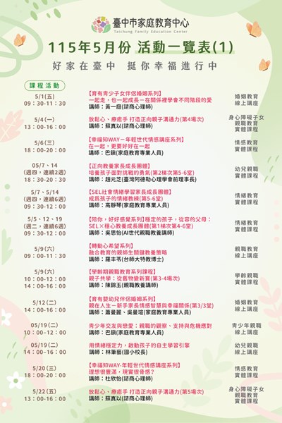 臺中市家庭教育中心5月份活動一覽表-課程活動
