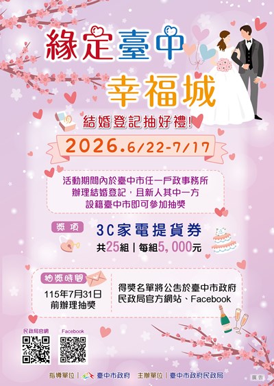 「緣定臺中幸福城」115年結婚登記抽好禮活動
